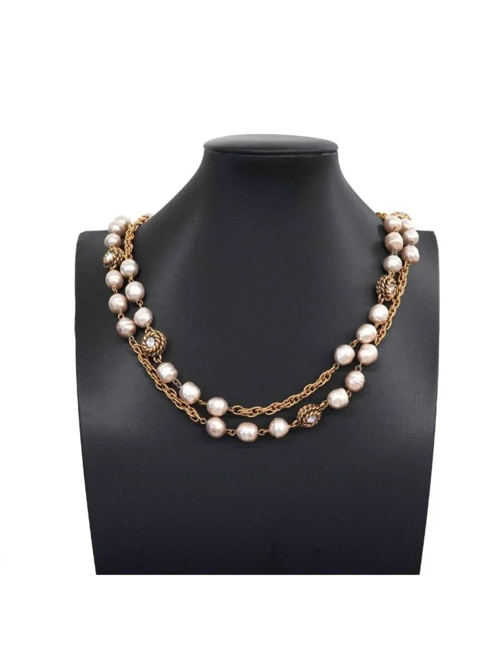 Chanel Necklace Vintage CC Logo Gold Plated Faux Pearl Rhinestone